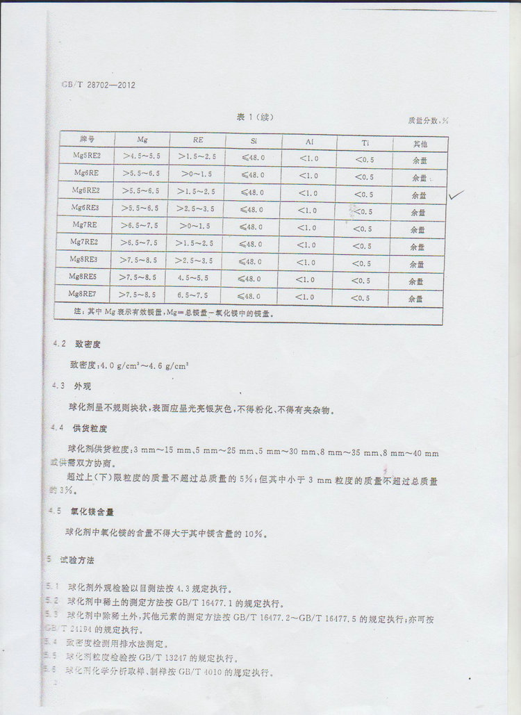 球化剂国家标准GB/T 28702-2012