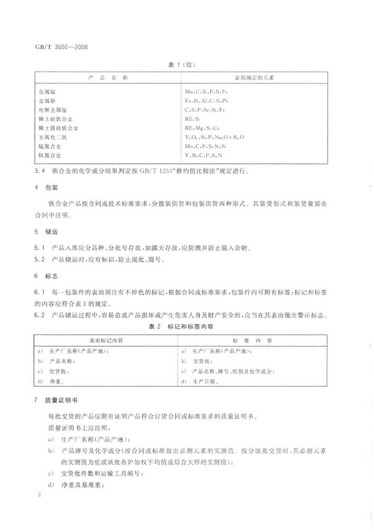 铁合金验收、包装、储运、标志和质量证明书的一般规定国家标准GB/T 3650-2008